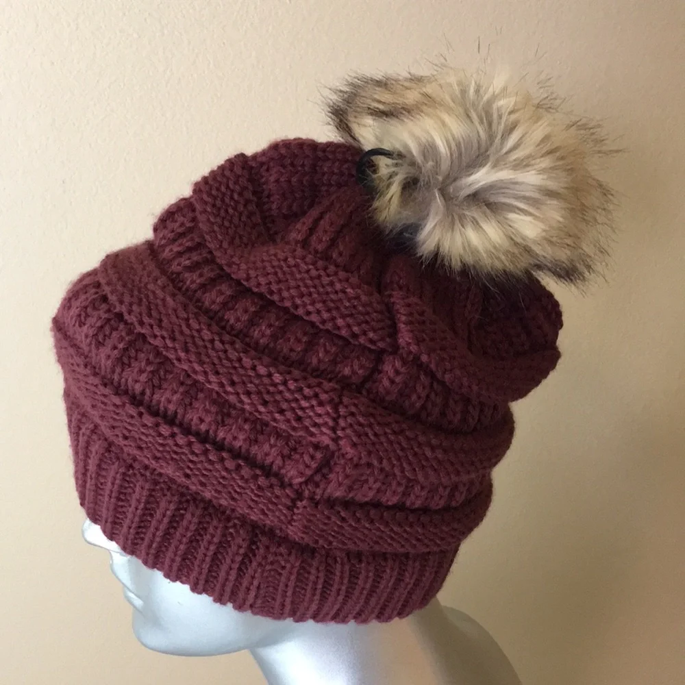 C.C Knit Beanie With Faux Fur Pom